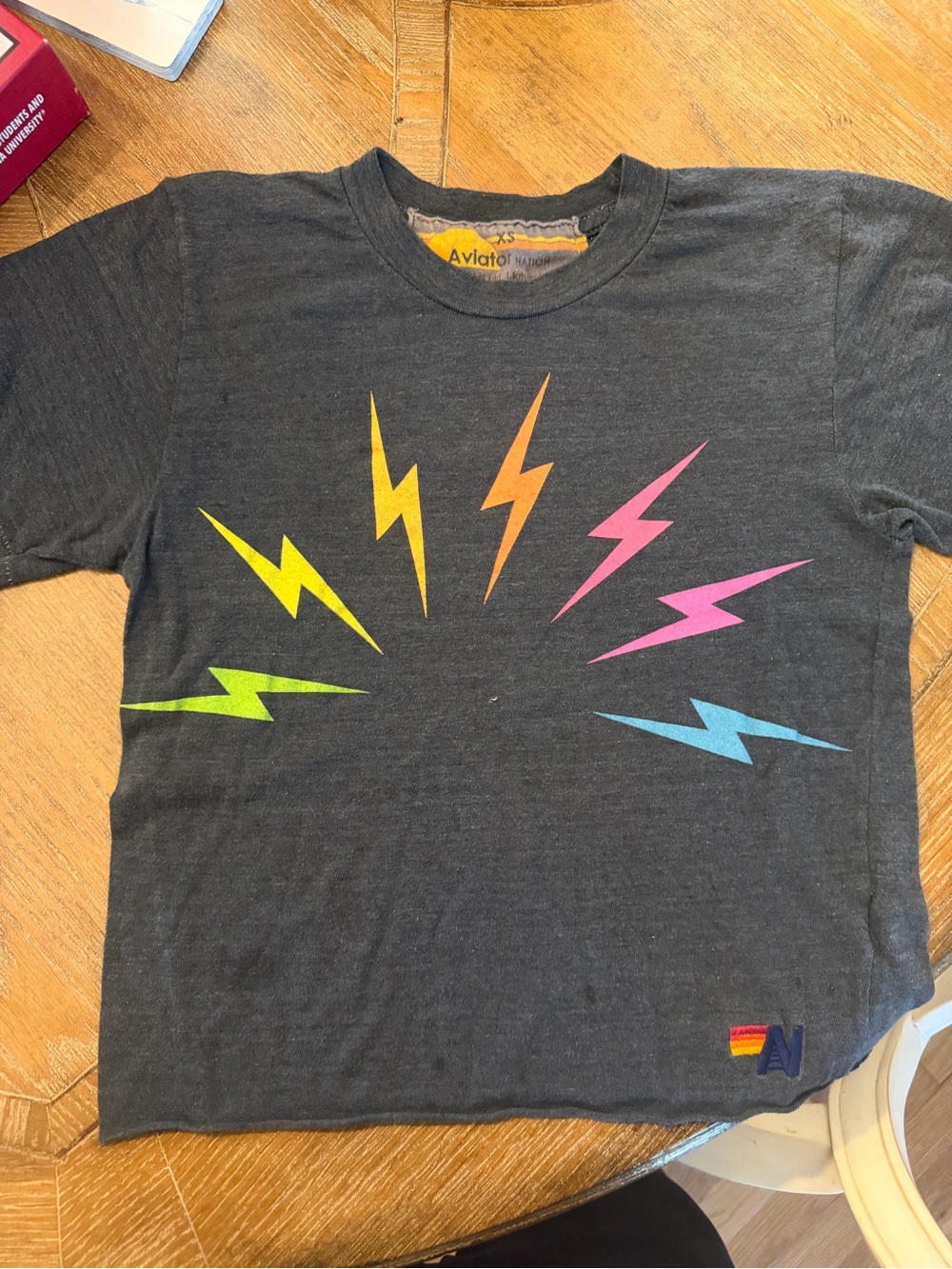Aviator Nation Charcoal Tee with Rainbow Lightning Bolts